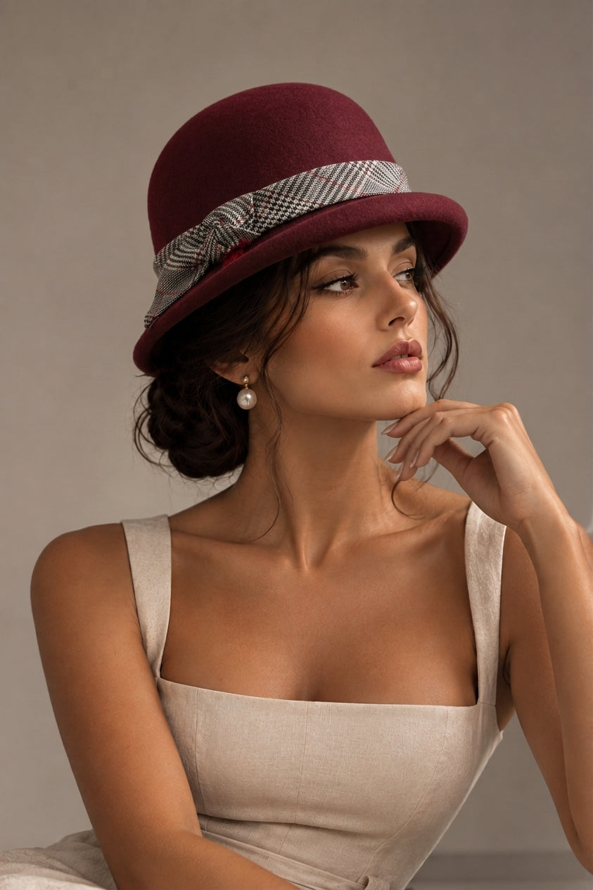 Woman wearing the Genevieve wool hat in a luxury studio photo shoot like louis vuttion.