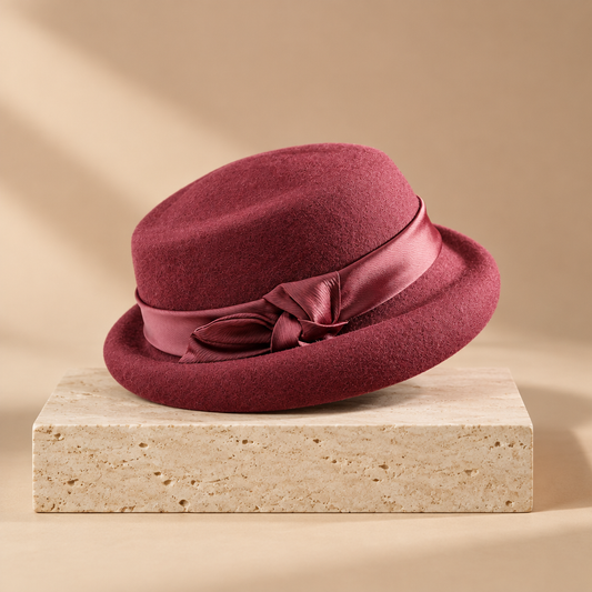 Burgundy hat, three-quarter front studio view